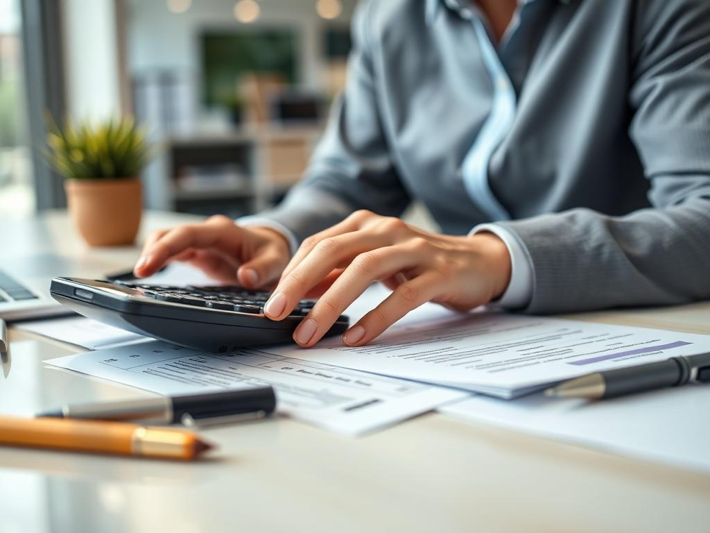 A close-up shot of a professional consultant working with tax documents on a modern desk. The scene is well-lit, with a focus on the consultant's hands organizing papers and using a calculator. The background is blurred, emphasizing the subject in a clean, professional office environment. The colors should be bright and inviting, compatible with the rgb(3, 125, 201) primary color.