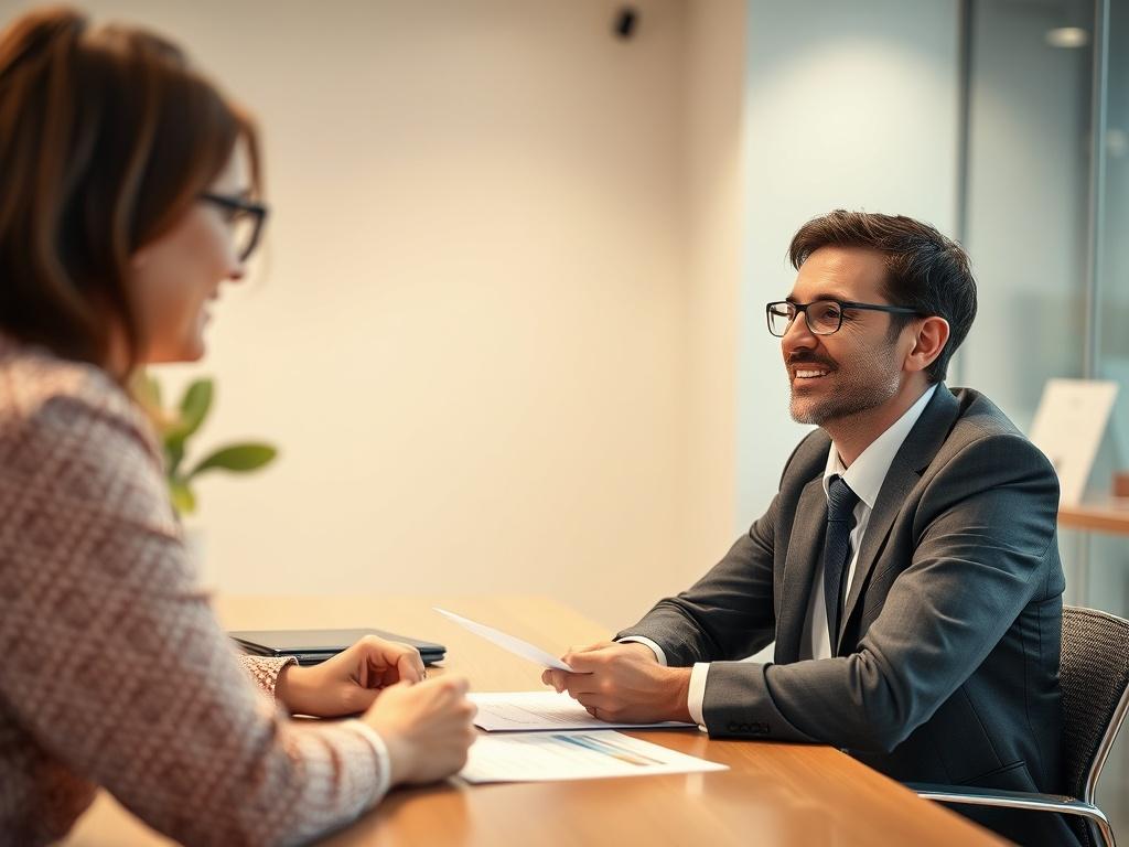 A close-up shot of a professional consultant engaging with a client, showcasing a warm and inviting atmosphere. The consultant is sitting at a modern desk with financial documents and a laptop open, exuding confidence and expertise. The background features subtle hints of an office environment with soft lighting and a focus on the consultant's facial expressions, captured with a 45mm f/1.2 lens style.