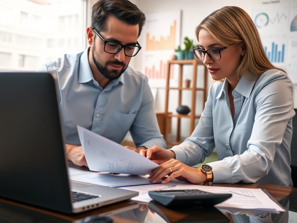 A close-up shot of a tax consultant working with a client, analyzing documents on a desk with a calculator and a laptop. The background should be a well-lit office space with financial charts on the wall, showcasing a professional atmosphere. The image should be hyper-realistic, focused on the interaction between the consultant and the client, shot with a 45mm f/1.2 lens.
