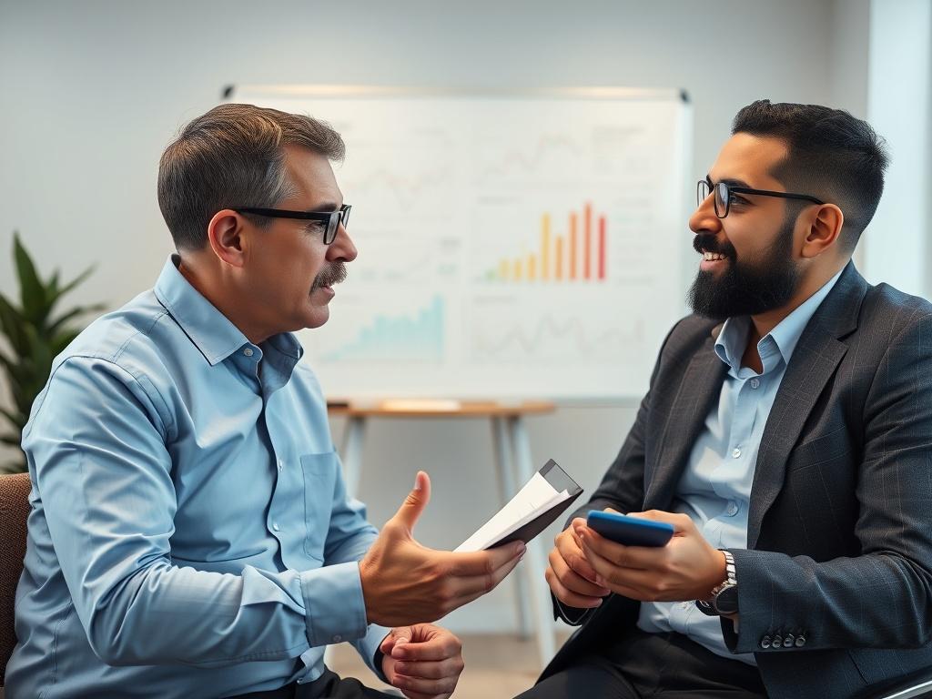A close-up shot of a Fractional CFO discussing financial strategies with a business owner in a modern office setting. A whiteboard with financial graphs and projections in the background enhances the professional ambiance. The image should be hyper-realistic, capturing the engagement between the CFO and the owner, shot with a 45mm f/1.2 lens.