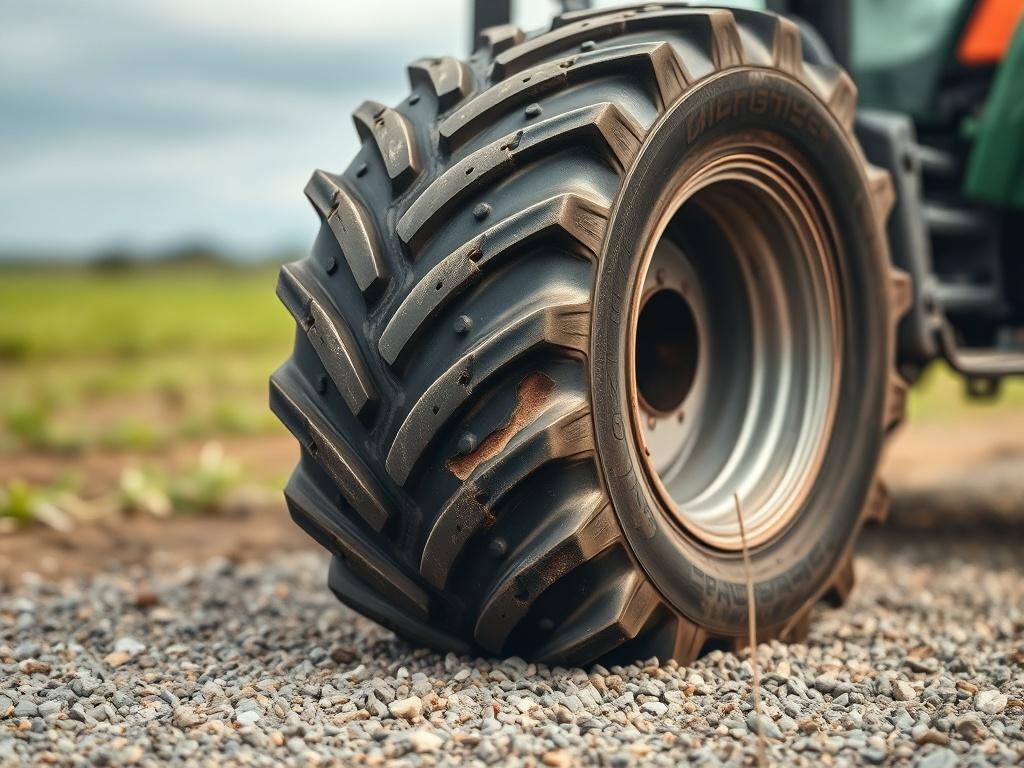 **Prompt for AI Image Generator:**

Create a realistic high-resolution photo of a visibly deflated agricultural tractor tire placed on a gravel surface. The focus should be solely on the tire, capturing its worn rubber texture and the subtle details of the punctured area. The composition should be simple and clear, featuring a close-up shot to emphasize the tire’s condition. In the background, include a soft blurred landscape of a farm field, with hints of green crops under a bright, overcast sky to provide