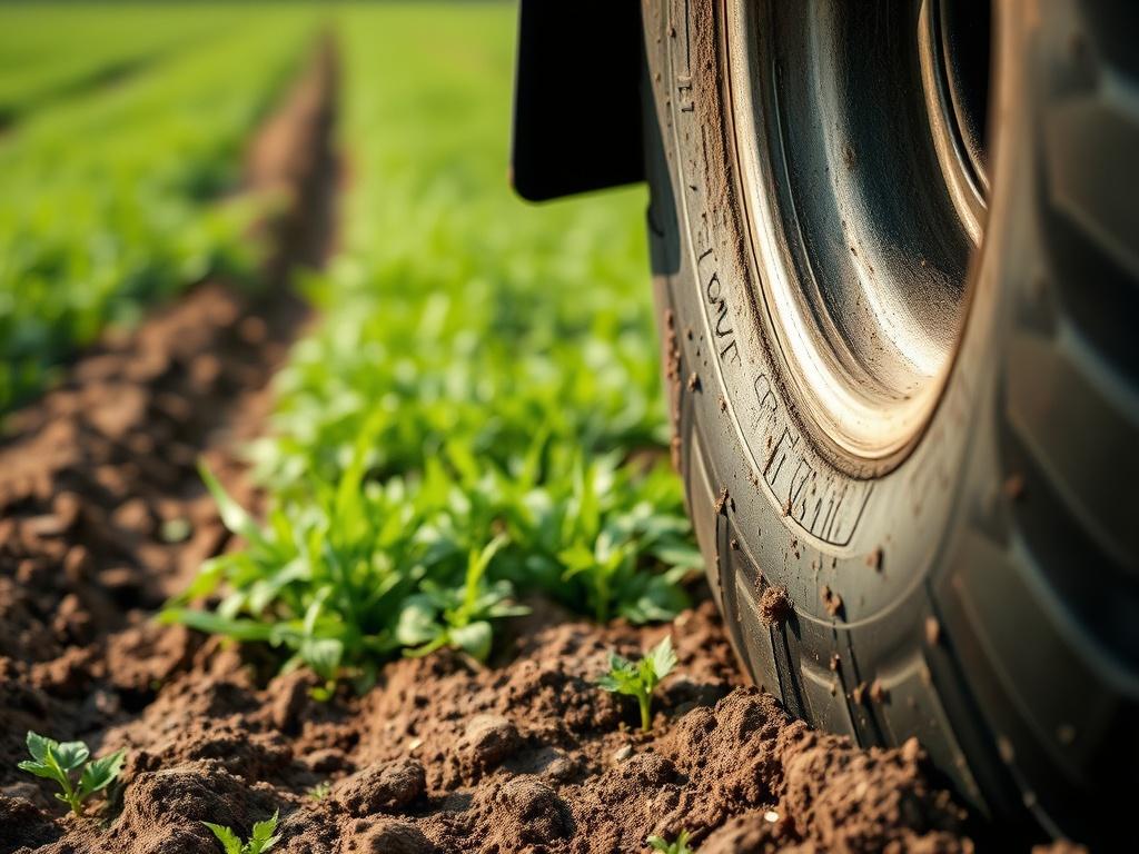 **AI Image Generation Prompt:**

Create a realistic high-resolution photo depicting an agricultural tire on a field. The focus should be on a close-up of a VF (Very High Flexion) tire, exhibiting its unique features such as the wider tread and flexible sidewalls that enhance soil preservation and fuel efficiency. The tire should appear slightly muddy, showcasing its use in real field conditions.

The background should be a lush, green agricultural field with soft soil, hinting at the tire’s minimal impact o