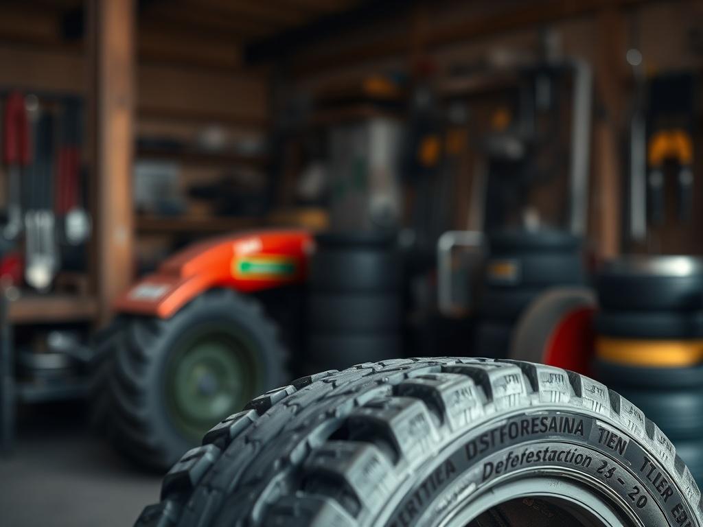 **Prompt for AI Image Generation:**

Create a highly detailed, realistic high-resolution photo that captures the essence of a tire workshop affected by the upcoming EUDR legislation. The composition should be simple and clear, featuring a single tire prominently in the foreground. This tire should be labeled with a visible "Deforestación Cero" certification badge, symbolizing compliance with the new European regulation on sustainable rubber sourcing. 

In the background, include a blurred yet recognizable w