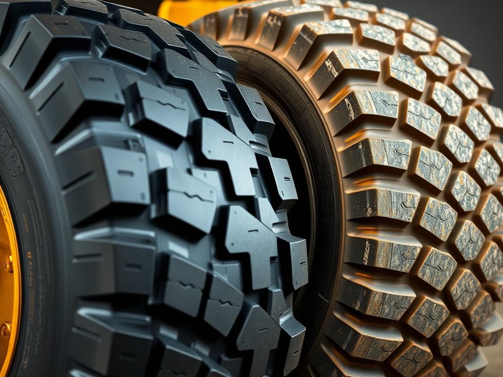 **AI Image Generation Prompt:**

Create a realistic high-resolution photo showcasing an L5T and an L5R tire side by side, specifically designed for a loader in demanding environments such as earthmoving, mining, and recycling. The composition should be simple and clear, focusing on the details of each tire, emphasizing the unique tread patterns and structural differences that define their performance.

**Subject Matter:**
- The image should feature two prominent tires: one L5 Traction (L5T) tire with an agg