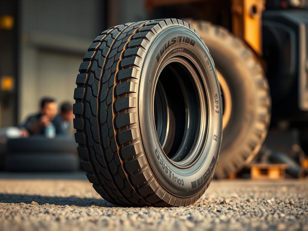 Create a highly realistic high-resolution close-up image of a heavy-duty tire that symbolizes quality and durability, reflecting the importance of choosing the right tires for heavy fleets. The composition should feature a single, well-worn, robust tire resting upright on a textured surface, showcasing its deep treads and strong sidewall, emphasizing the design and craftsmanship of quality tires. 

The background should be softly blurred to draw attention to the tire, hinting at an industrial setting with s