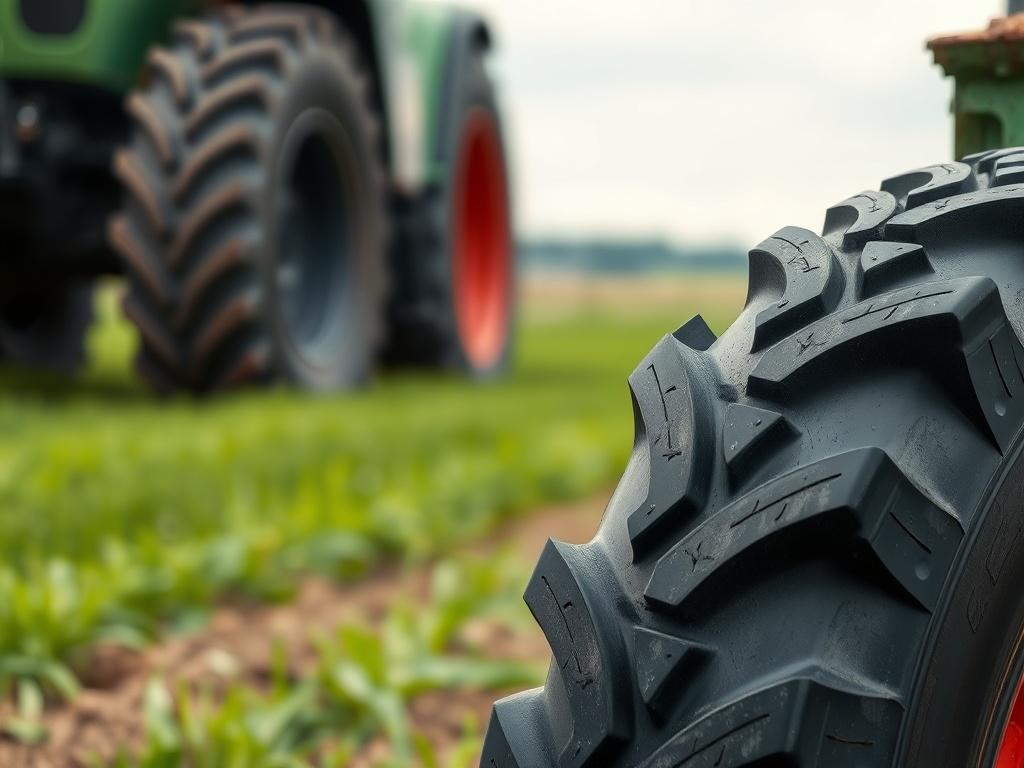 **AI Image Generation Prompt:**

Create a highly realistic, high-resolution close-up image of an agricultural tire positioned prominently in the foreground. The tire should be a 520/85R38 model, showcasing the details of its tread design, highlighting robustness and durability. Emphasize the subtle texturing of the rubber and the contrast between the tire surface and the background. 

The background should be a blurred field scene, capturing the essence of agriculture, with distant green crops and a slightl