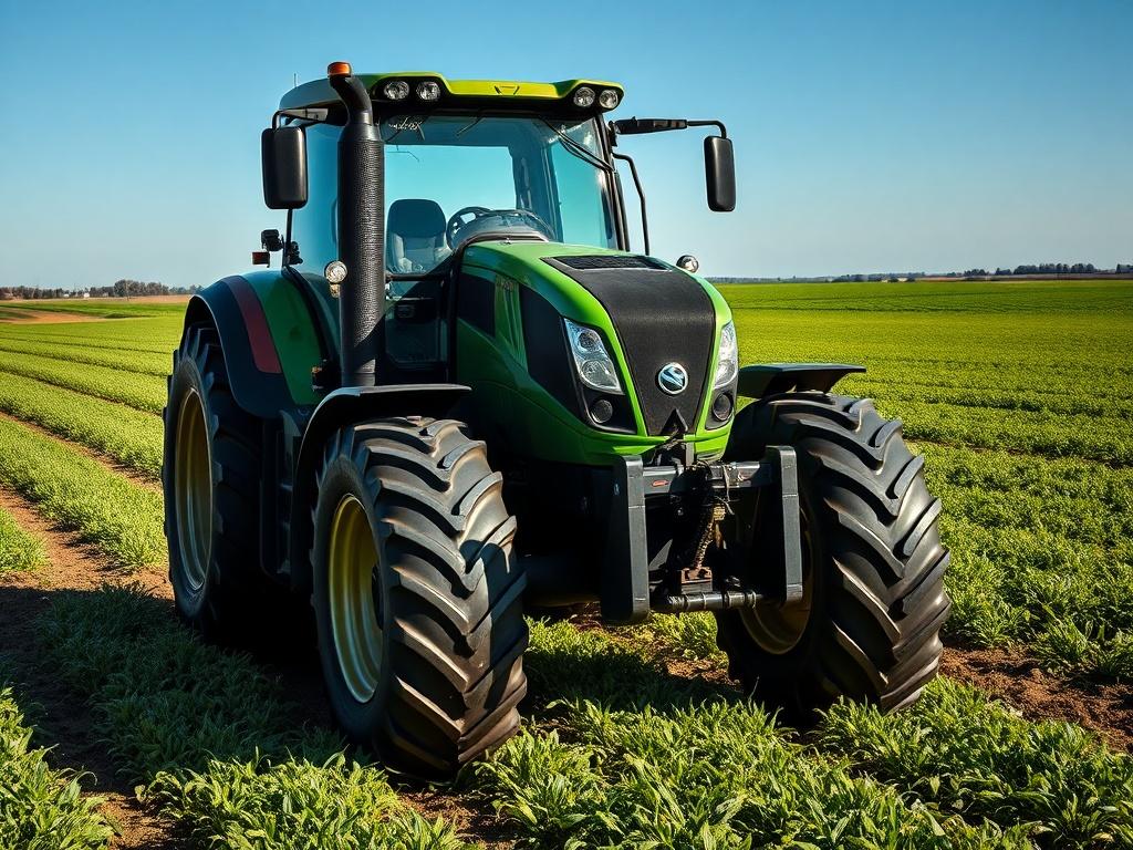 **AI Image Generation Prompt:**

Create a realistic high-resolution photograph focusing on a single subject: a modern agricultural tractor equipped for optimal lastrado. The tractor should be depicted in a field setting, showcasing its robust tires and weight distribution features. Capture the tractor at an angle that emphasizes its front and rear axles, highlighting the tire alignment and load distribution mechanisms.

The background should feature an expansive farming landscape, with rows of crops extendi