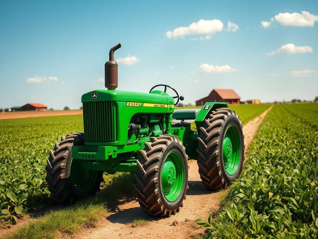 Generate a highly realistic, high-resolution image of a tractor on a farm. The composition should feature a single, vibrant green tractor positioned in the foreground, with its glossy paint and intricate details clearly visible. The tractor should be parked on a well-maintained dirt path, surrounded by lush, green fields of crops that stretch into the background, creating a sense of depth. 

In the background, include a clear blue sky with a few fluffy white clouds, and a hint of a distant barn or farmhouse
