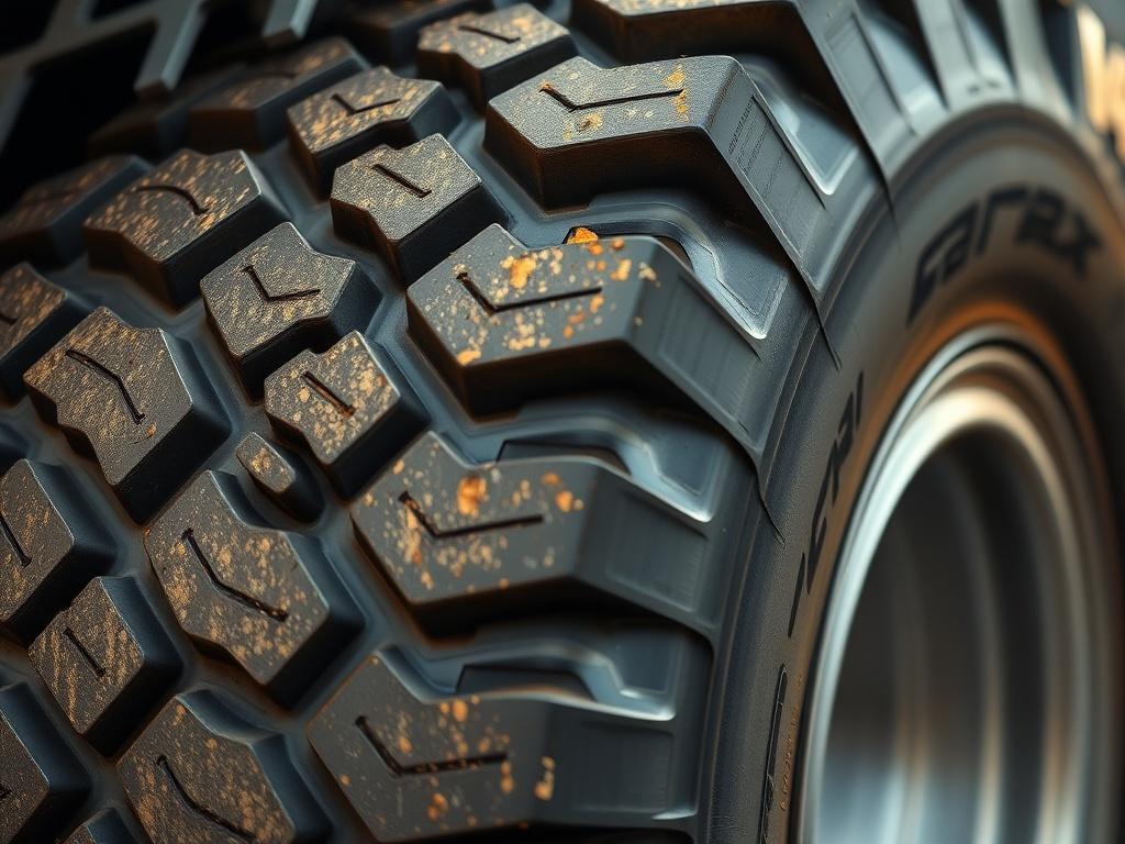 A hyper-realistic photo of a heavy-duty tire, showcasing its robust structure and tread design. The tire should be prominently displayed in a close-up shot, emphasizing its durability and quality. The background should be softly blurred to keep the focus on the tire. The color palette should reflect the primary color rgb(50, 170, 39), enhancing the visual appeal of the image.