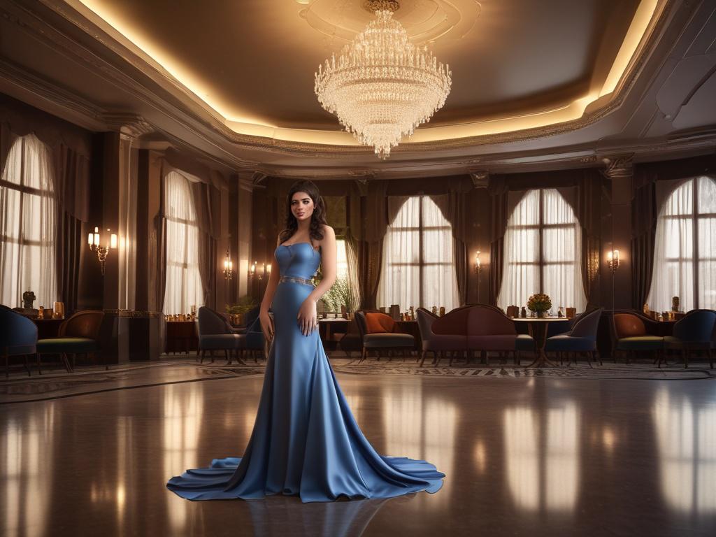 A stunning escort in an elegant evening gown, standing confidently