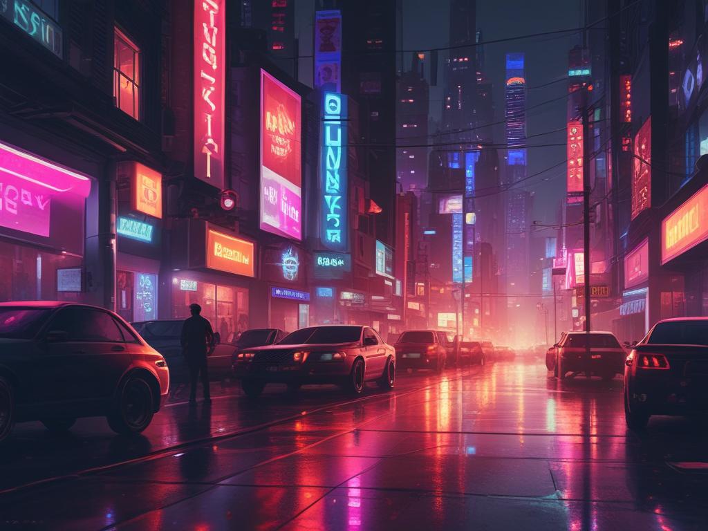 cyberpunk, neon lights, urban chaos, AI generated art