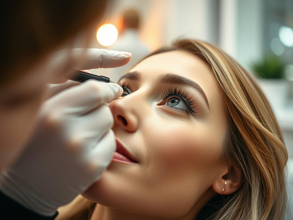 A close up shot of a beauty professional applying eyelash