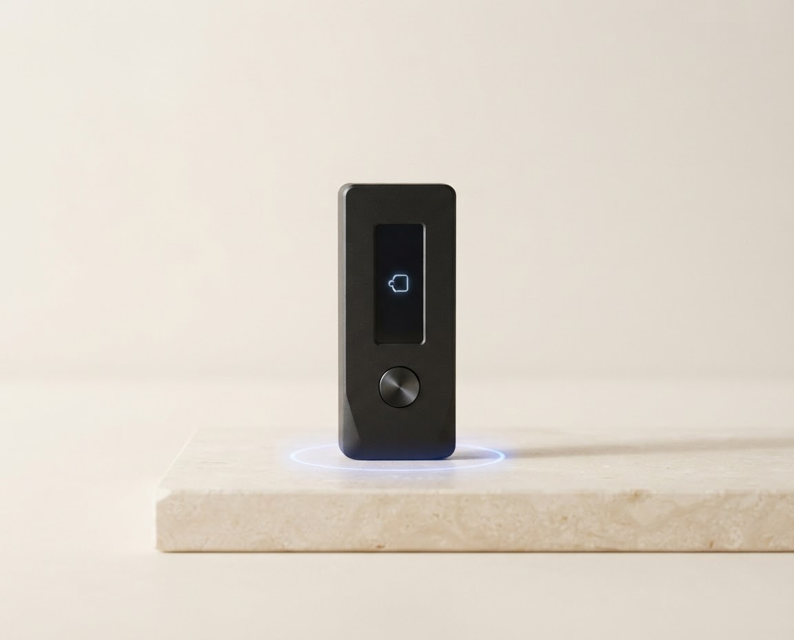 A minimalist hardware wallet device, ready to be set up