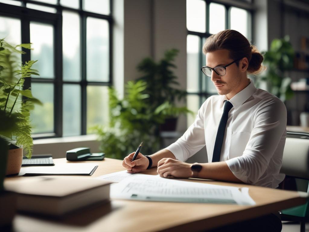 A modern logistics professional in a clean, green office environment,