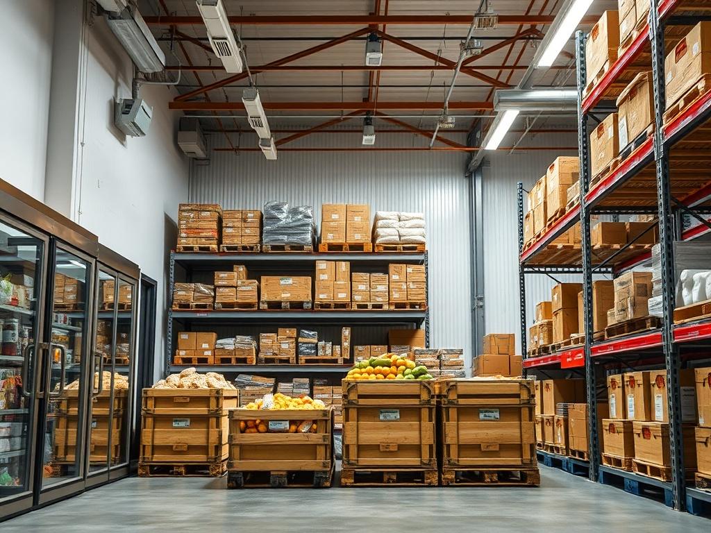 A high-resolution image of a modern temperature-controlled warehouse interior, featuring organized shelving with various stored goods. The focus should be on the chilling storage area, showcasing crates and pallets of perishable items. The background should include security features such as surveillance cameras and secure access points, emphasizing safety for valuables. The lighting should be bright and clear, reflecting a clean and professional environment, with natural tones and earthy textures to convey 