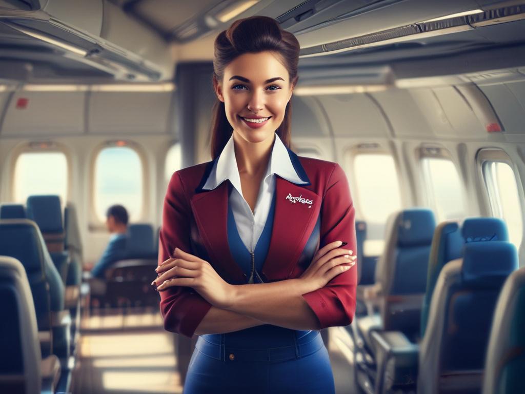 A beautiful air hostess in a stylish uniform, standing confidently