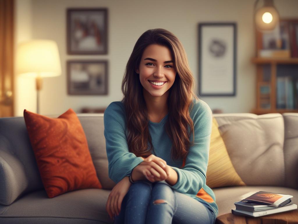A young, attractive college student girl sitting on a couch
