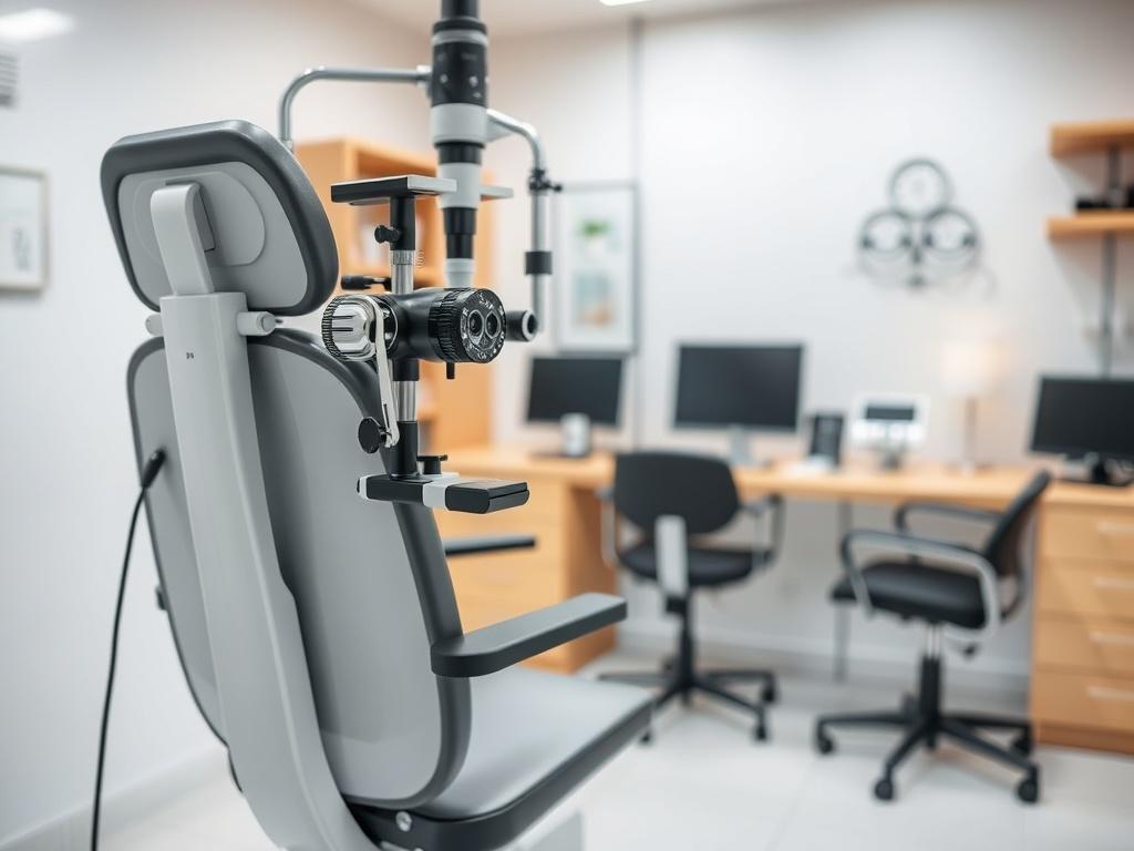 A close-up shot of an optometrist's office with modern equipment. The focus is on an eye examination chair and diagnostic tools like the phoropter and slit lamp, set against a clean, well-lit background. The image showcases the precision and professionalism of the optometry practice, emphasizing a calm and inviting atmosphere.