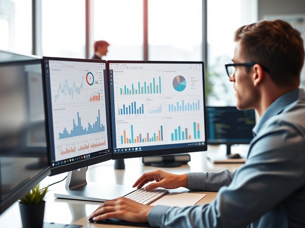 A focused business analyst examining graphs and charts on a