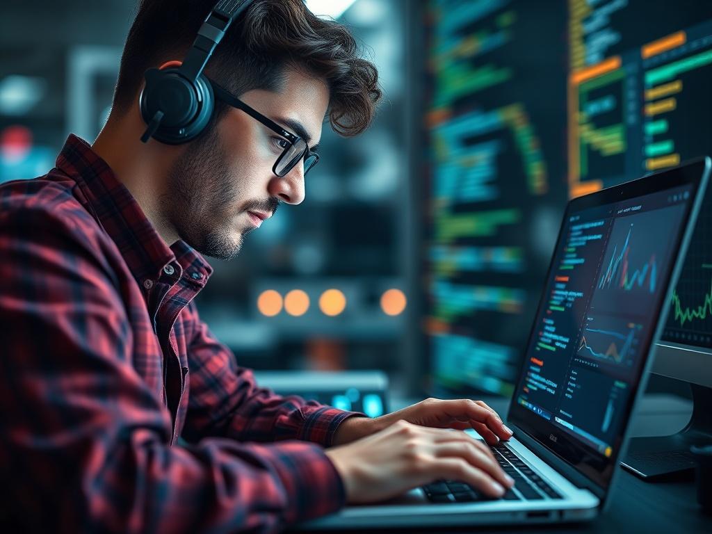A close up shot of a software engineer working on