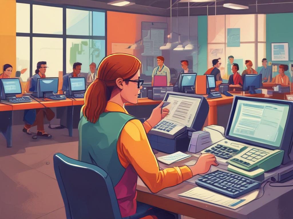 a colorful, thick brushstroke painting of a payroll processing scene, featuring stacks of invoices, a computer screen showing payroll software, and cheerful employees in the background.
