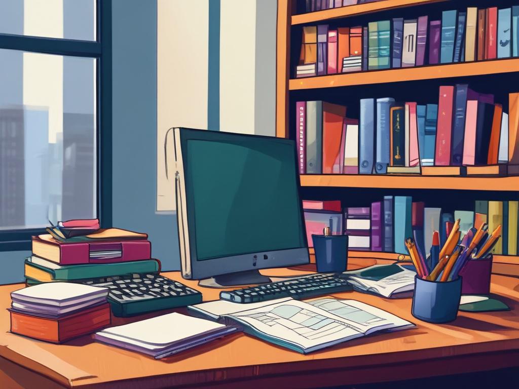 a vibrant, thick brushstroke painting of a bookkeeper's workspace, featuring colorful ledgers, a calculator, and digital screens, set in a modern office background.