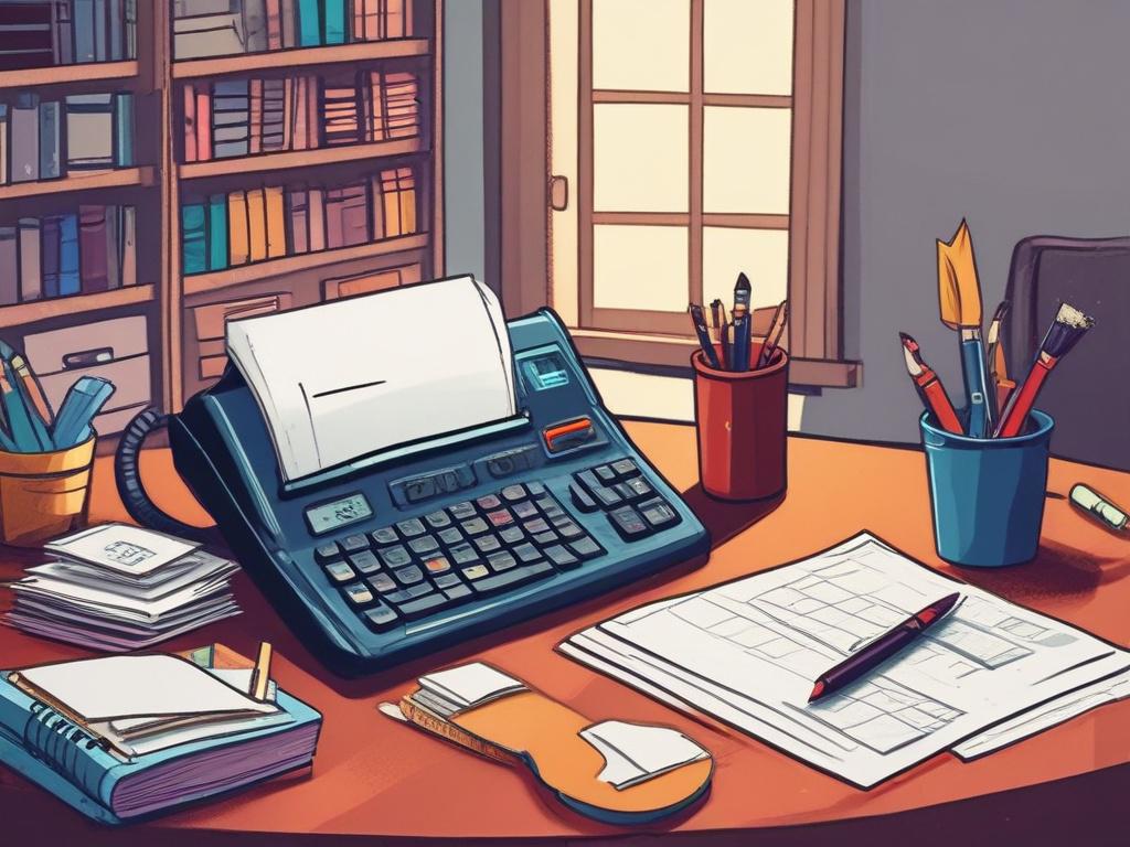 a colorful office scene with payroll documents and calculators, thick brushstrokes, acrylic colors, rich textures, no people, showcasing payroll management tools