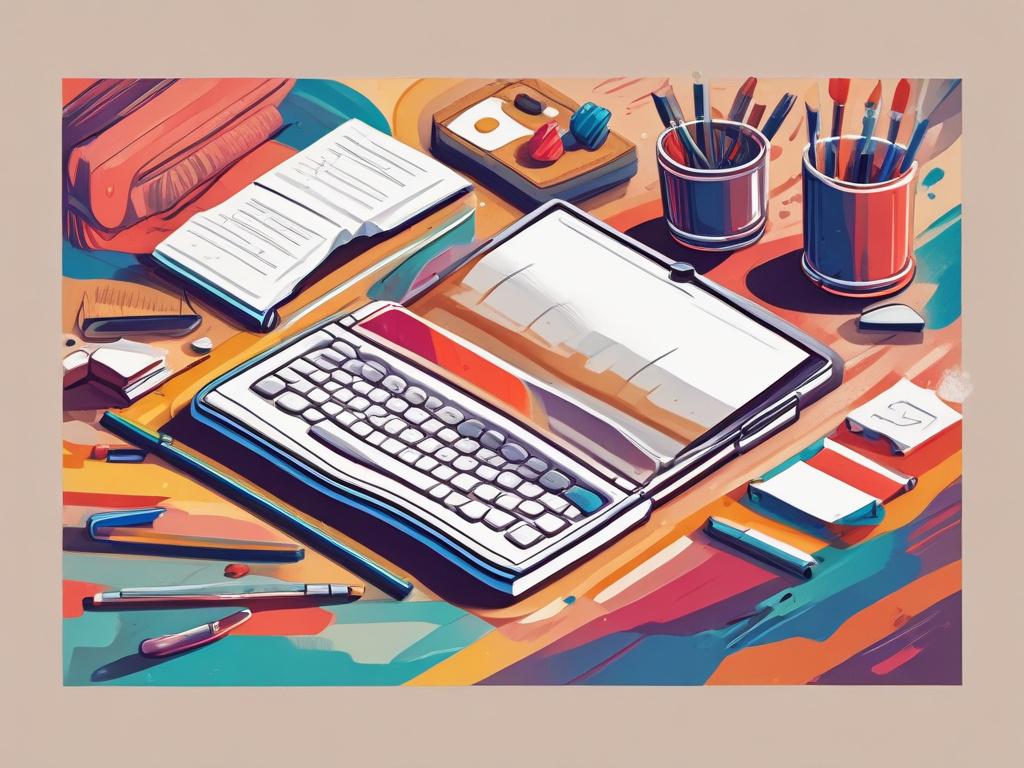 a vibrant and colorful workspace with accounting tools, thick brushstrokes, acrylic colors, rich textures, no people, focusing on accounting materials