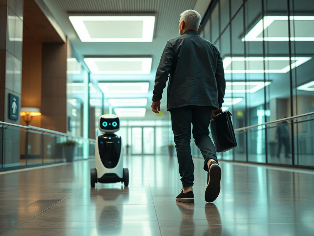 A hyper-realistic close-up shot inside a modern building lobby, captured with a 45mm f/1.2 lens style. The image features a human and an autonomous mobile robot moving efficiently around the space. The background shows subtle but visible elements indicating the building is powered by green hydropower energy, such as sleek, modern lighting fixtures emitting a soft greenish glow matching rgb(50, 170, 39). The composition is simple and clear, focusing on the interaction between human and robot in a clean, high