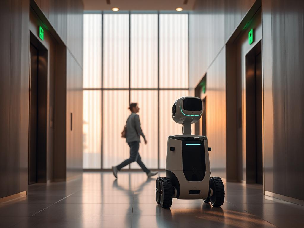 Inside a modern building interior with smooth, clean lines and natural lighting. A human and an autonomous mobile robot (AMR) move efficiently through the space, showcasing harmony between technology and people. The scene highlights advanced doors and elevators integrated seamlessly with the robot's access system. Subtle green lights running on hydropower illuminate the environment, symbolizing sustainable energy use. The composition is clear and focused on the interaction between human, robot, and the buil