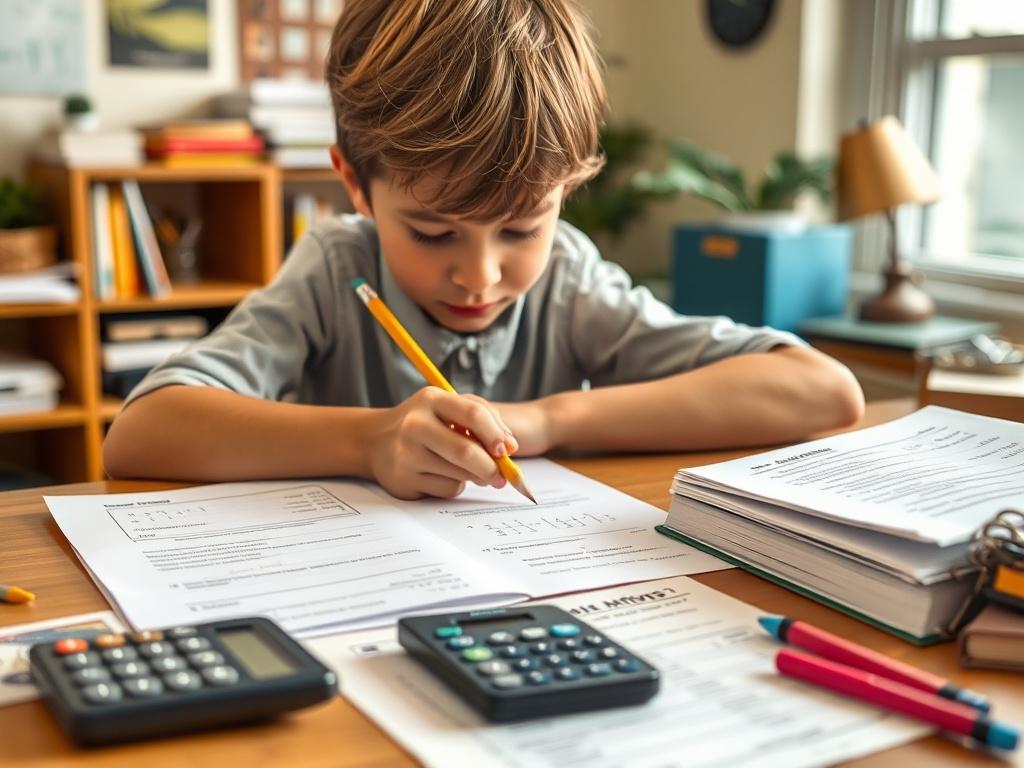 A close-up shot of a student studying with Grade 5 to Algebra 1 math resources spread out on a desk. The student is focused on solving a problem, with a pencil in hand and a calculator nearby. The background should be a cozy study space, captured with a 45mm f/1.2 lens.