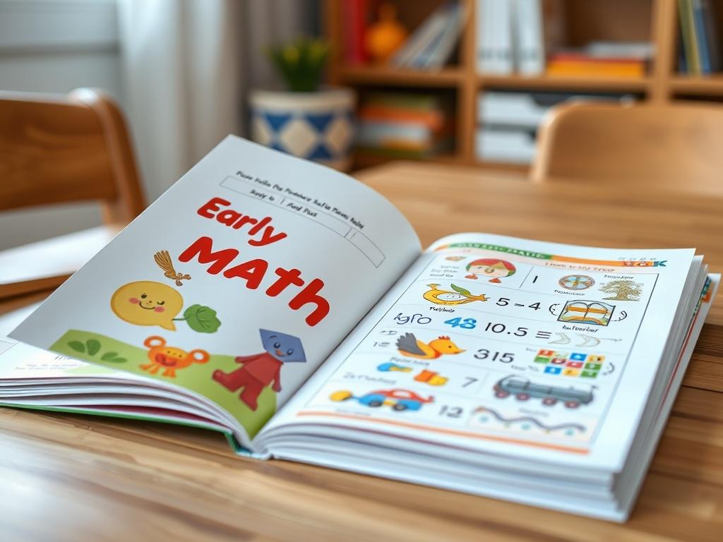 A close-up shot of a colorful early math workbook open on a table with engaging illustrations visible. The background should be softly blurred to keep the focus on the workbook, capturing a warm and inviting learning environment, shot with a 45mm f/1.2 lens.