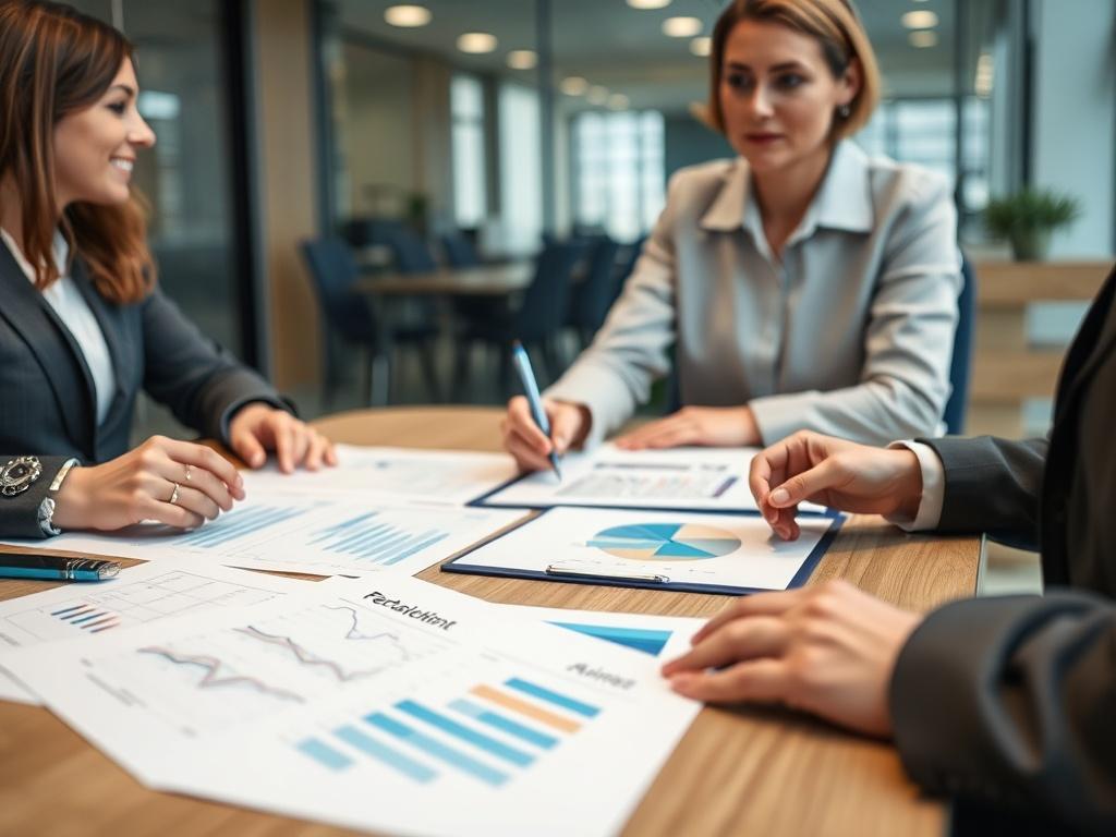 A close-up shot of a professional educational consultant discussing tailored solutions with clients in a meeting room. The focus is on documents and charts laid out on the table, showcasing the collaborative process. The background should be a modern office setting, captured with a 45mm f/1.2 lens.