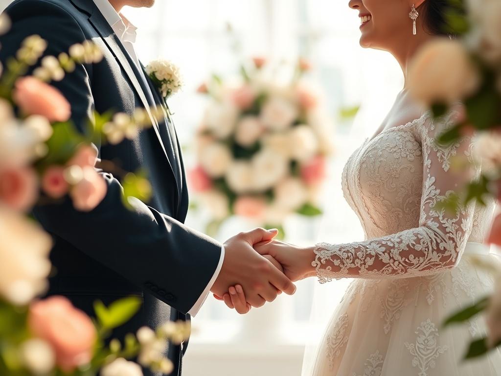 A close-up shot of a bride and groom holding hands during their wedding ceremony, framed by soft, natural light. The background features beautiful floral arrangements in soft focus, enhancing the romantic atmosphere. The image showcases the couple's joyful expressions, with their wedding attire elegantly detailed, captured in hyper-realistic style using a 45mm f/1.2 lens.
