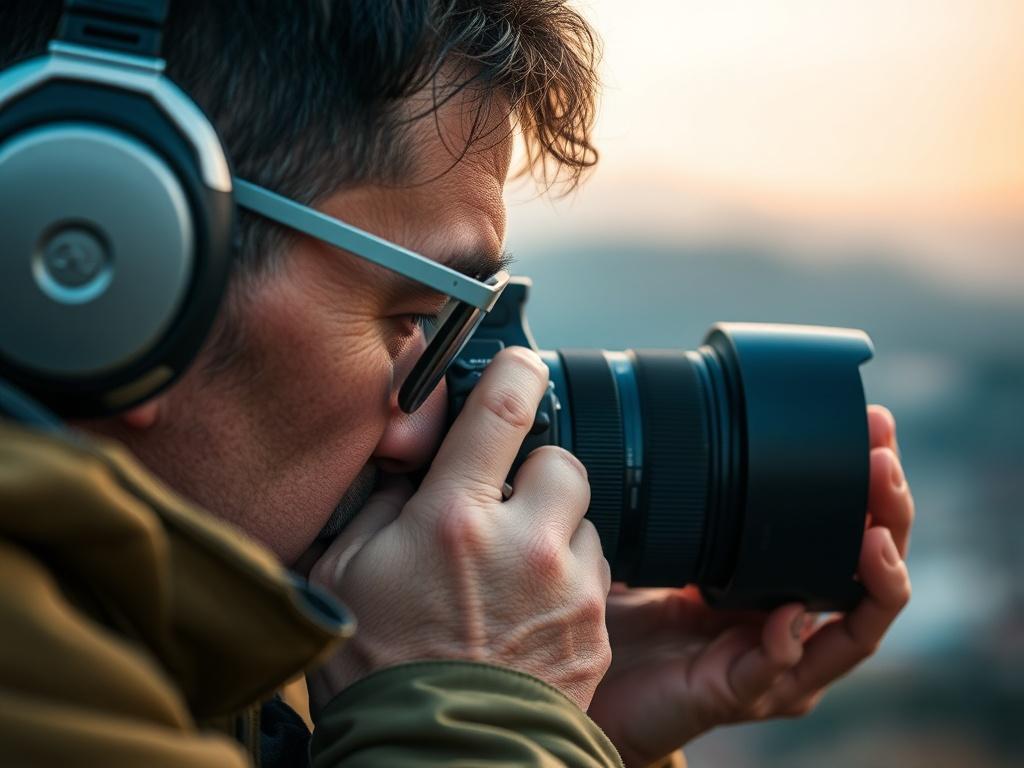 A close up shot of a professional photographer in action,