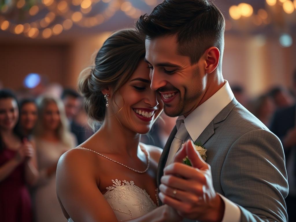 A close up shot of a joyful couple dancing at