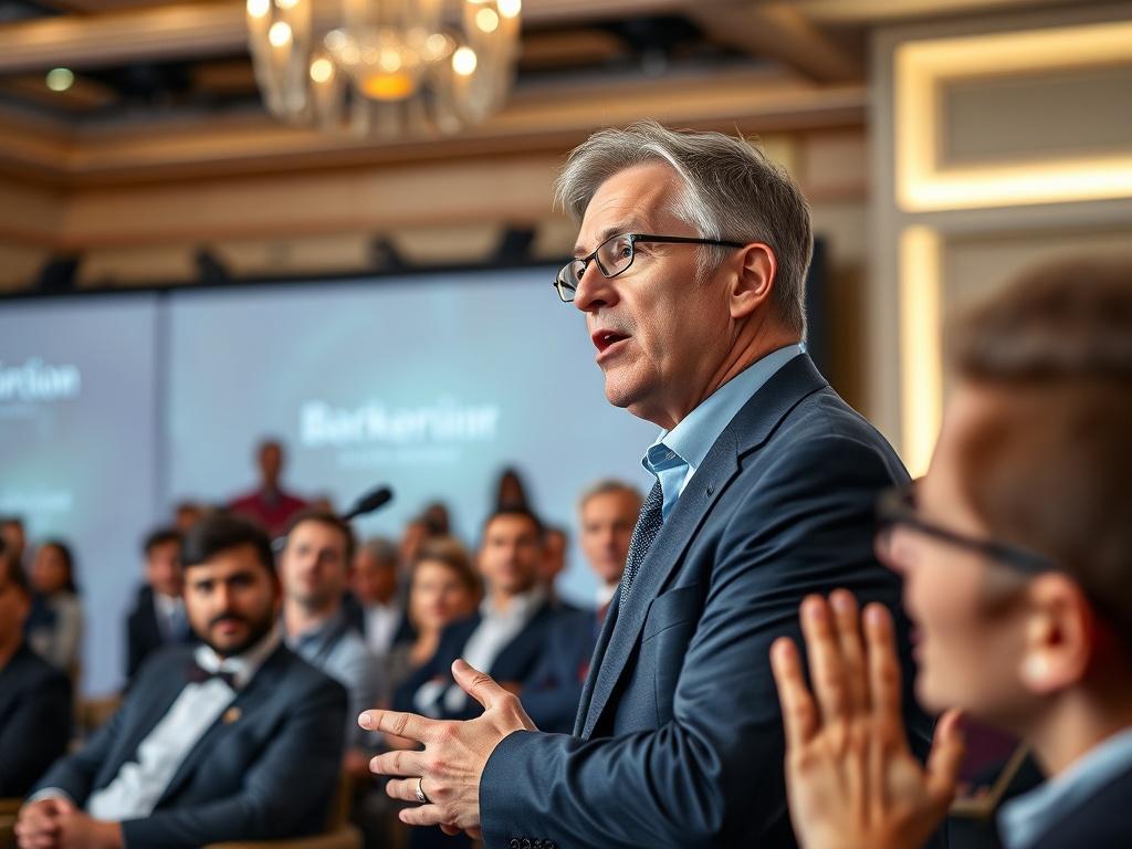 A close up shot of a keynote speaker addressing an