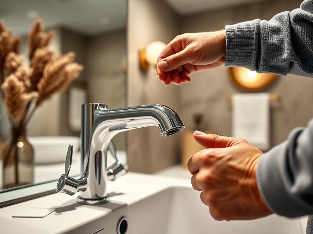 A high-resolution close-up image of a modern faucet being installed in a stylish bathroom. The focus is on the faucet and the hands of the installer, showcasing the precision and care taken during the process. The background is softly blurred, featuring elegant bathroom decor that complements the faucet. The color scheme includes warm, earthy tones to align with the RGB(122, 86, 4) primary color.