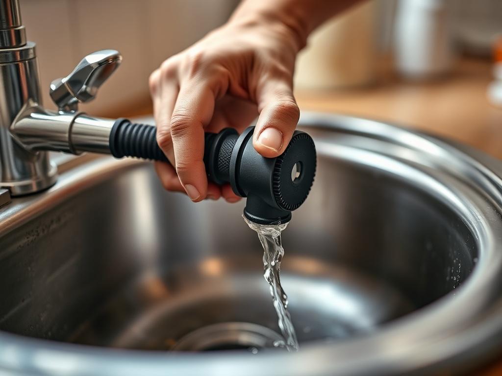 A high-resolution close-up image of a plumber's hands using a drain cleaning tool in a kitchen sink. The focus is on the tool and the sink, with water flowing smoothly. The background is softly blurred to emphasize the action, showcasing a clean and functional kitchen environment. The color scheme includes earthy tones to match the RGB(122, 86, 4) primary color.