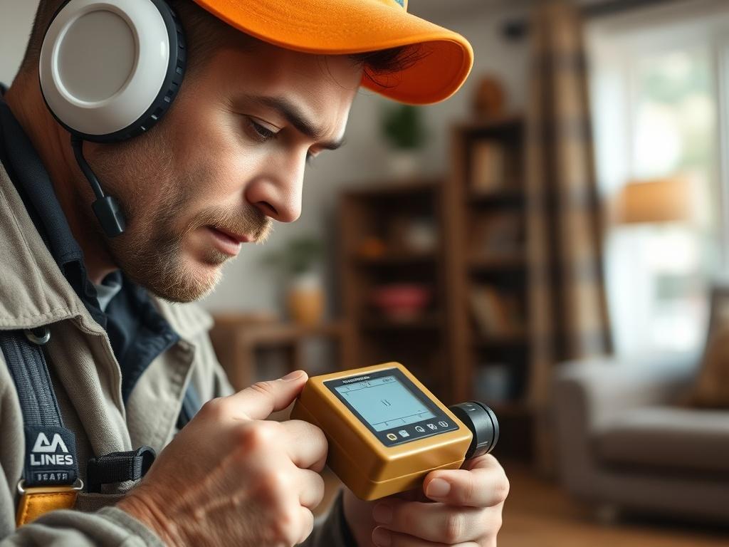 A high-resolution close-up image of a technician using a leak detection device in a residential setting. The focus is on the device and the technician's focused expression, highlighting the importance of the task. The background is softly blurred, featuring elements of a cozy home environment. The color scheme includes natural tones that resonate with the RGB(122, 86, 4) primary color.
