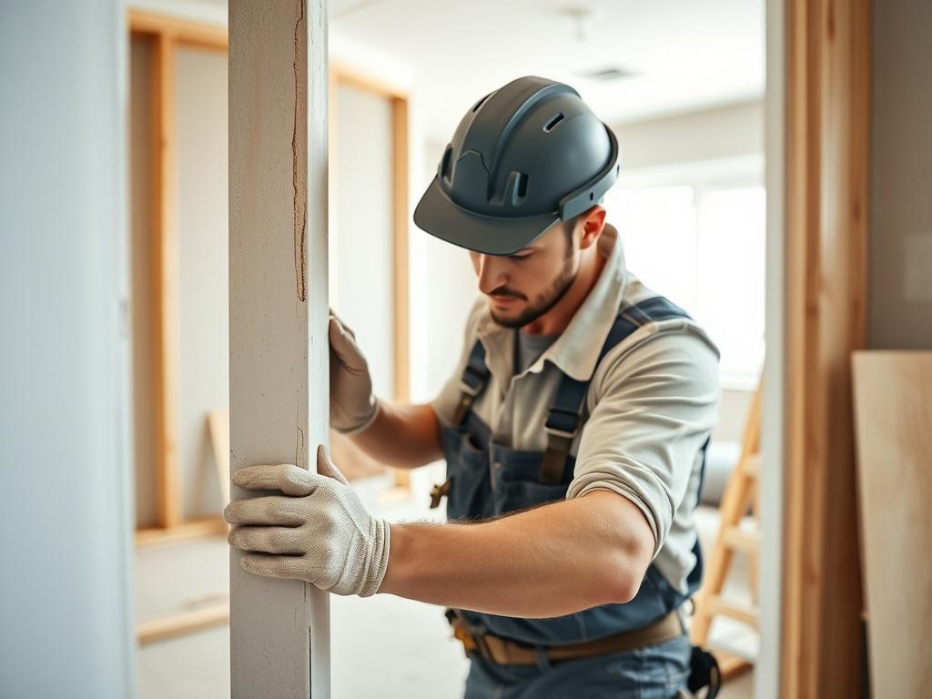 A close-up shot of a skilled worker installing drywall in a modern interior. The worker is focused on aligning the drywall panels, with tools and materials neatly arranged nearby. The background shows a partially completed room, emphasizing the texture of the drywall and the precision of the work. The lighting is bright and natural, highlighting the details of the installation process.