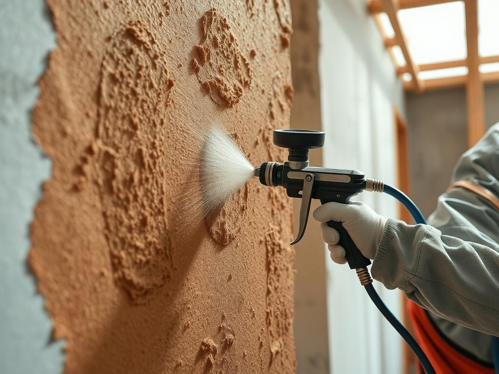 A close-up of a textured wall being finished by a skilled worker. The worker applies texture using a spray gun, showcasing the dynamic patterns being created. The background features a partially completed room, indicating a creative and artistic environment. Bright, natural lighting enhances the textures and details of the wall, highlighting the craftsmanship involved.