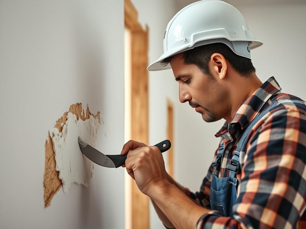 A focused worker repairing a damaged drywall section in a home interior. The worker is applying joint compound with a putty knife, demonstrating skill and care. The background shows partially finished walls, emphasizing the contrast between repaired and un-repaired areas. The lighting is bright, showcasing the texture of the drywall and the precision of the repair work.