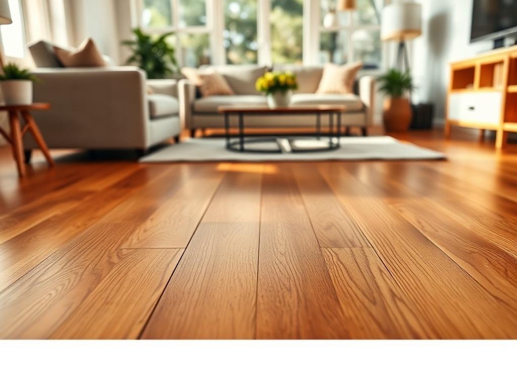 A close-up shot of a beautifully installed hardwood floor in a bright living room setting. The image should focus on the natural grain and shine of the wood, with furniture slightly blurred in the background. Warm, natural light should emphasize the rich tones of the flooring, creating a cozy atmosphere.