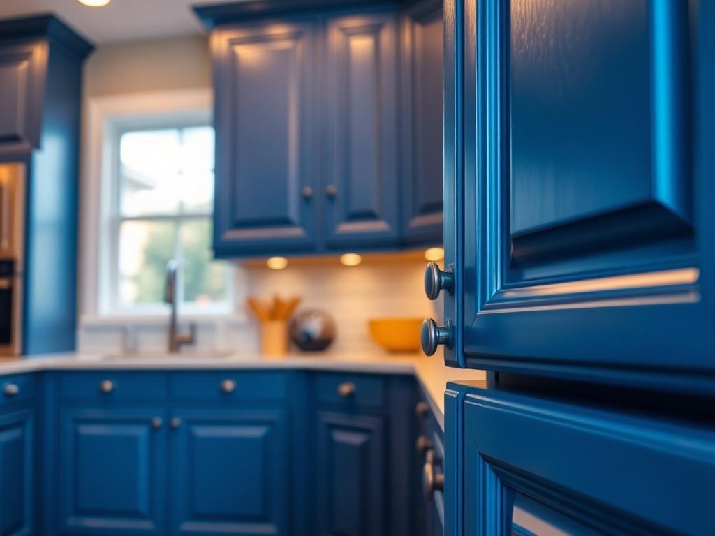A close-up shot of beautifully painted kitchen cabinets in a modern setting, showcasing a glossy finish and vibrant color. The image should focus on the details of the cabinet doors, highlighting the smooth texture and craftsmanship. The background should be softly blurred to emphasize the cabinets, with warm lighting enhancing the inviting atmosphere.