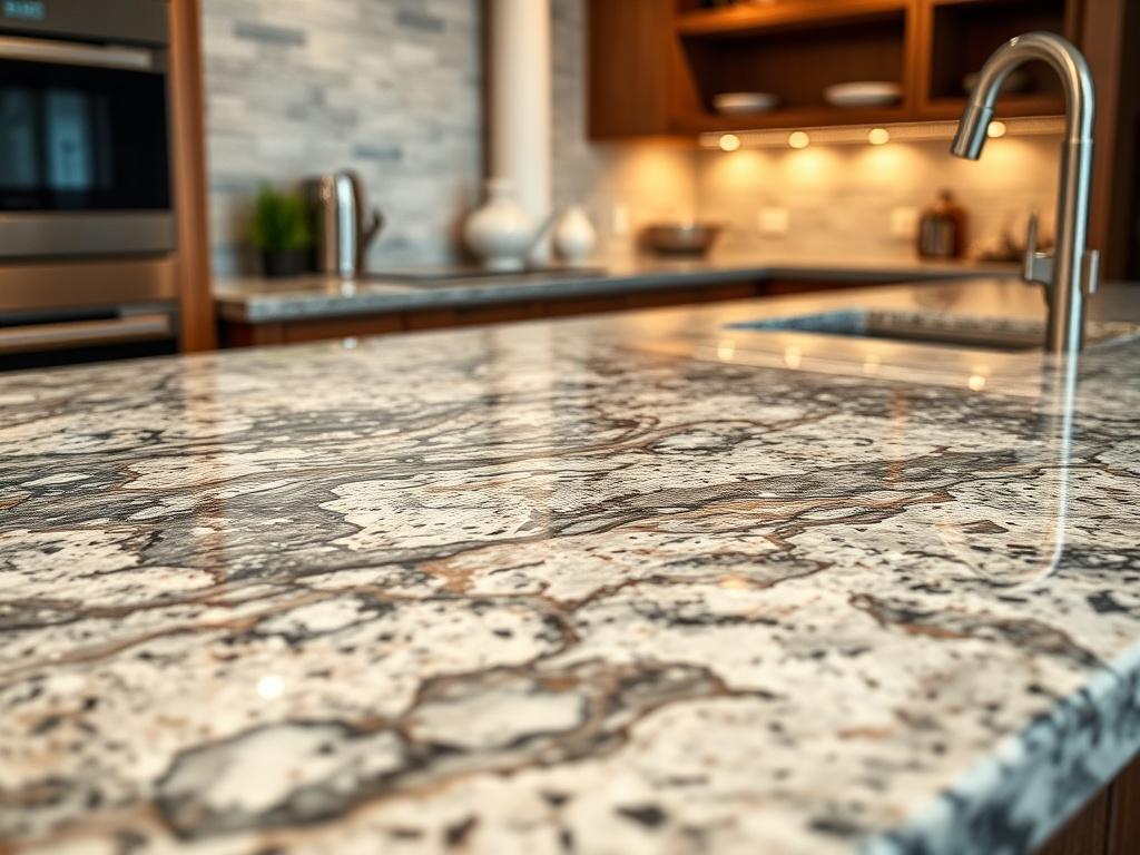 A close-up shot of a newly installed granite countertop in a modern kitchen, highlighting its rich patterns and textures. The image should focus on the smooth surface and edges of the countertop, with kitchen elements subtly visible in the background. Warm lighting should create an inviting ambiance, emphasizing the elegance of the countertop.