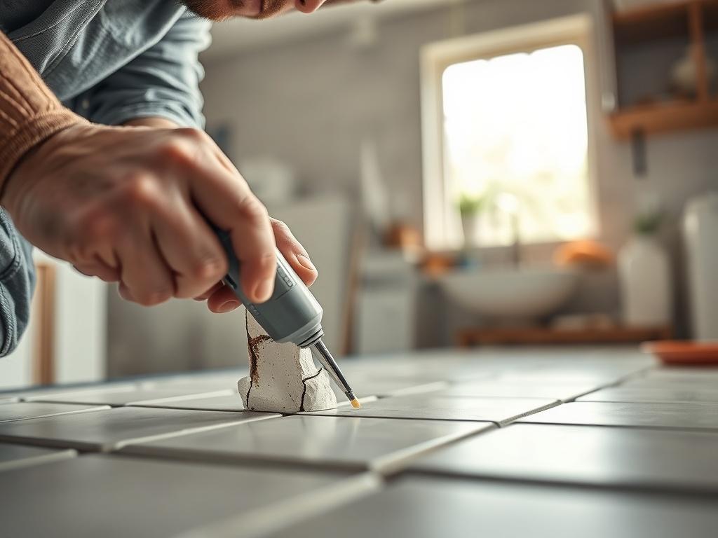 A close-up shot of a tile repair in progress, with a worker applying adhesive to a cracked tile with precision. The background should show a partially renovated kitchen or bathroom setting, highlighting the importance of the repair. Soft lighting should illuminate the tile, emphasizing its texture and color.