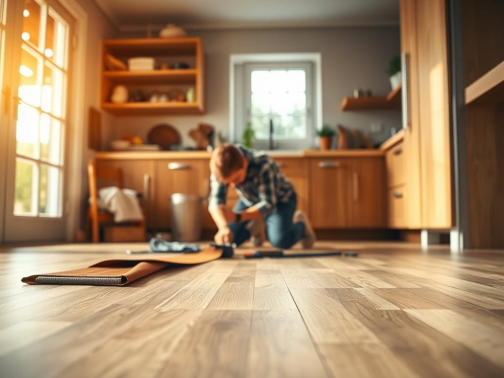 A close-up shot of a new flooring installation in a kitchen, showcasing the texture and color of the flooring material. The image should feature a professional laying down the floor, with tools and materials neatly arranged in the background. Warm, inviting lighting should enhance the overall atmosphere.