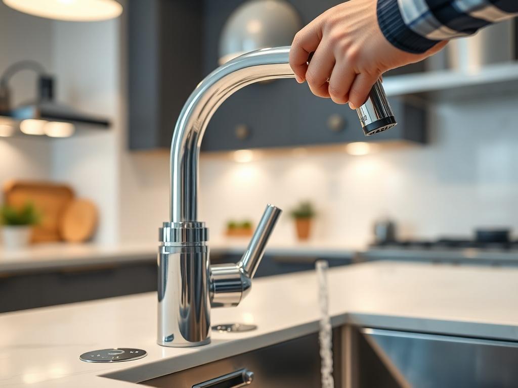 A close-up shot of a modern kitchen faucet being installed, showcasing the shiny new fixture with a blurred background of a stylish kitchen. The image should focus on the faucet, with the installer’s hands visible, emphasizing the renovation process. The lighting should be bright and inviting, highlighting the chrome finish of the faucet.