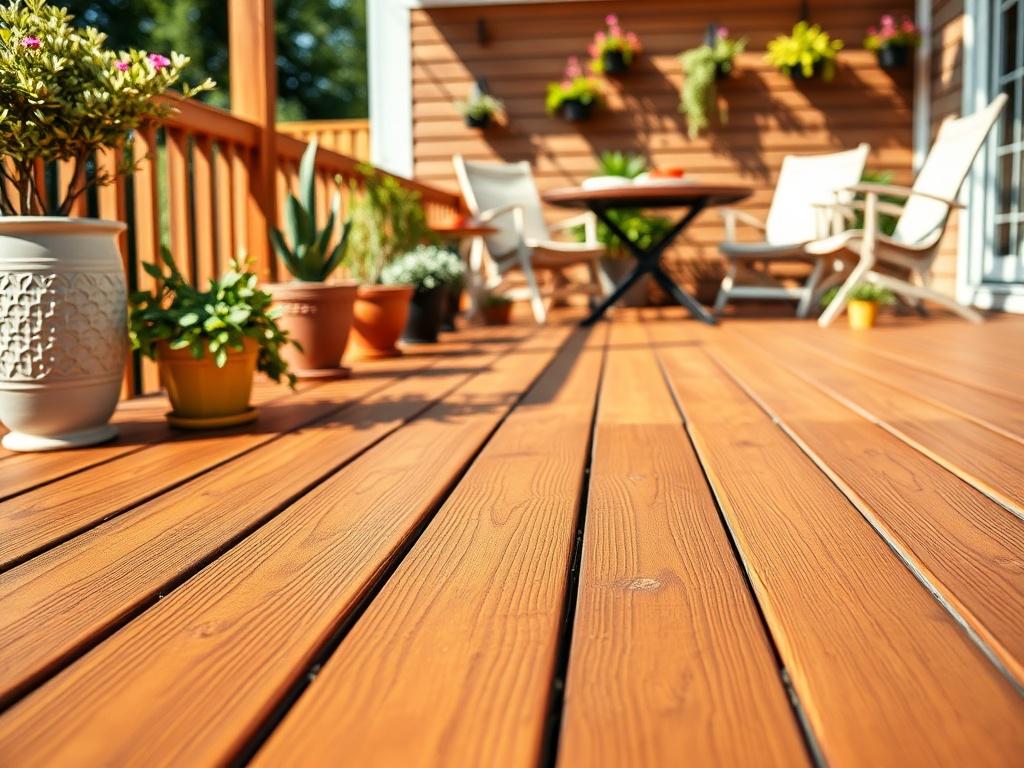 A hyper-realistic close-up of a freshly restored wooden deck, showcasing the rich color and texture of the wood. The background features a sunny outdoor setting with potted plants and garden furniture, creating an inviting atmosphere. The focus should be on the craftsmanship and quality of the restoration.